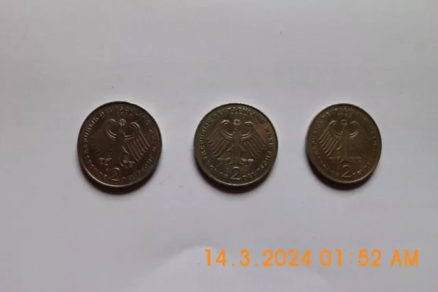 3  x  2  DEUTSCHE  MARK  1990 (F) + 1991 (D) + 1992 (A)  BRD  --GUTER ZUSTAND--