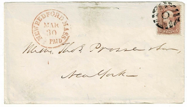 1863 New Bedford, Mass PAID cancel in red on cover, 3c rose Scott 65