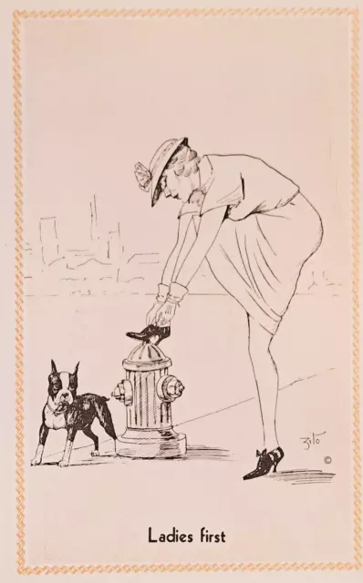 Comic: Boston Terrier Puppy Dog, Hydrant, Woman, Artist Signed Zito. 1940s.