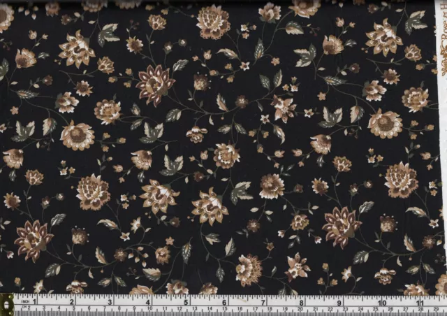 100% Cotton Print Fabric, Rose Huble Fabrics, BLACK, 112cm Wide Per Metre