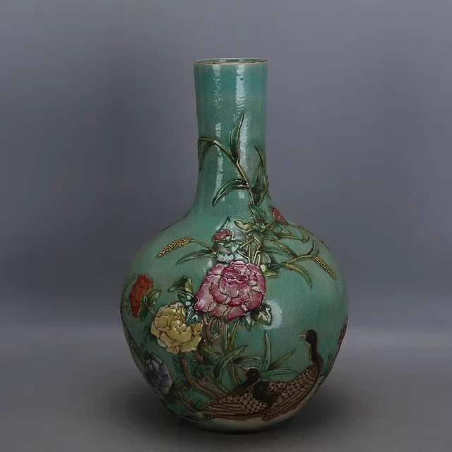 Estate China Freehand Sketching Qing Famille Rose Porcelain Flowers Bird Vase