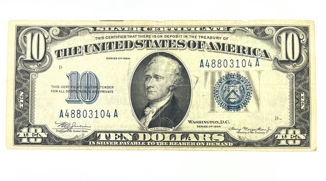 1934 US $10 TEN Bill - Silver Certificate - Blue Seal