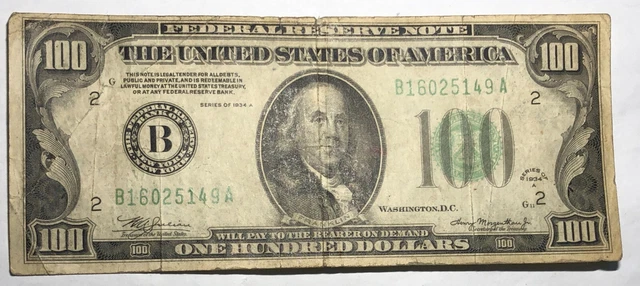1934A green seal $100 bill. Federal Reserve Note B New York Fine FR-2153B #18