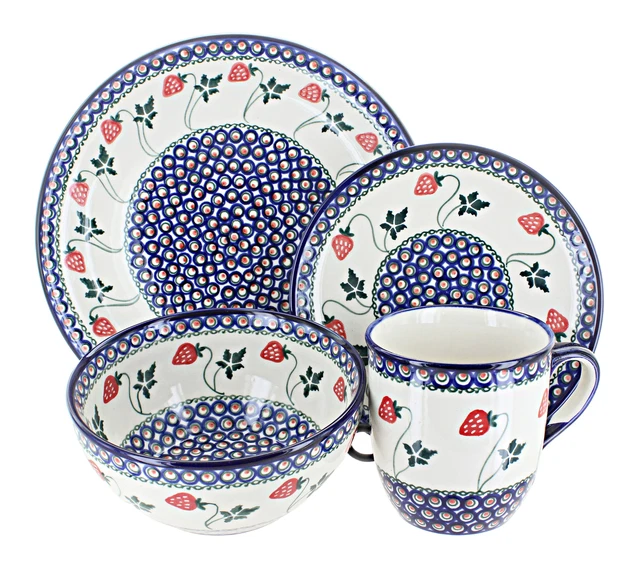 Blue Rose Polish Pottery Strawberry Delight 4 Piece Place Setting - Service for