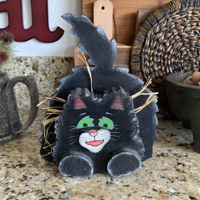 Vintage 3D Black Wooden Cat Halloween Decor Hand Crafted Painted 9” Tall 1980’s.
