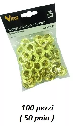 SET DI OCCHIELLI PER TELONI 100 PEZZI (50 COPPIE) OTTONATI diametro interno 10mm