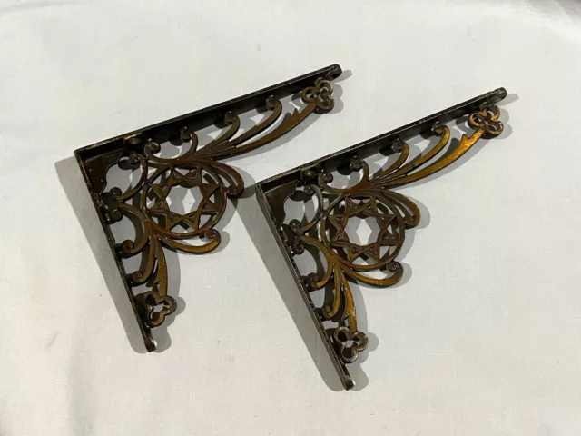 Vintage Antique PAIR OF CAST IRON SHELF BRACKETS - STYLIZED STAR - 5" X 7 1/8"