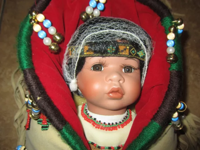 Native American Indian Porcelain Baby Doll Beads Feathers Papoose Cradle Board 2