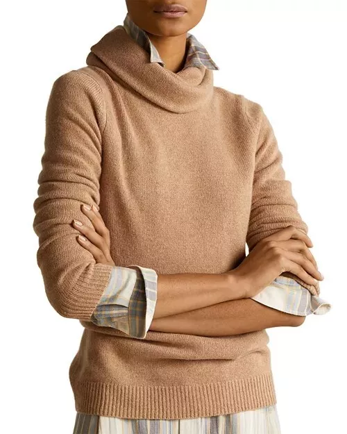 POLO RALPH LAUREN 100% Cashmere Cowl Turtleneck Sweater In Camel Sz L Org $498