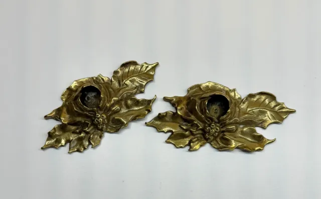 Vintage Solid Brass Holly Leaf Candlesticks Holder Set of 2