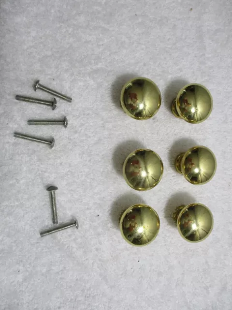Lot of 6 Solid Heavy Brass Cabinet Drawer Knobs Pulls Gold Tone With Screws