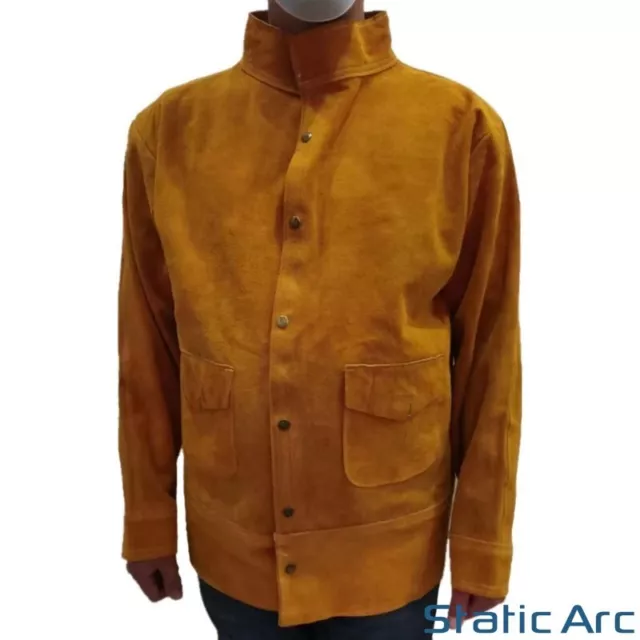 Leather Welding Jacket Cow Split Heat Resistant Spatter Welders Coat Ppe Tan