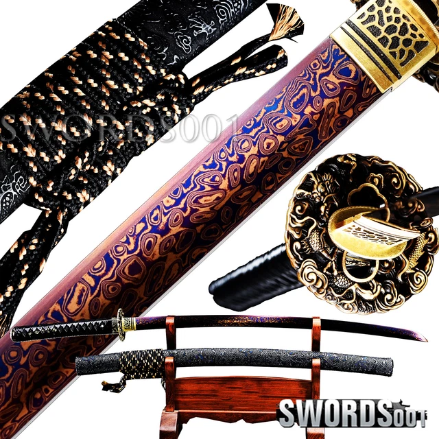 DAMASCUS FOLDED STEEL Japanese Samurai Katana Dragon Sword Blue Purple