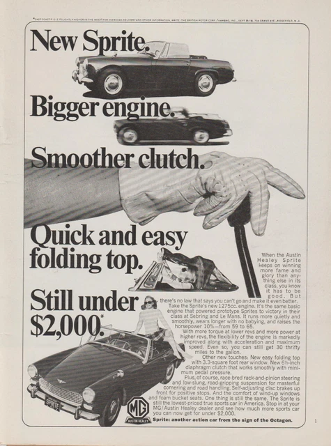 1967 MG Sprite - Cute Girl Skirt Legs Gloves Hand Stick Shift - Print Ad Photo