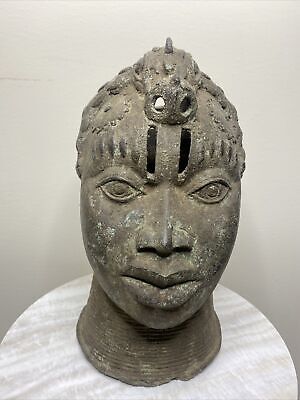 Head of King Oba Nigeria, Bronze Royal Leopard on Oba Head Africa 14" X 8"