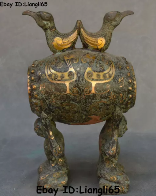 Old China Bronze Ware Gilt Dynasty Palace Double People Hold Phoenix Bird Drum