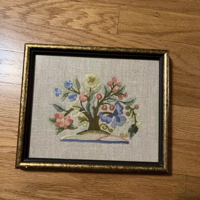 Crewel Embroidered Flower Bush Tree Framed Art 9.5”x8” Vintage Cottage Floral