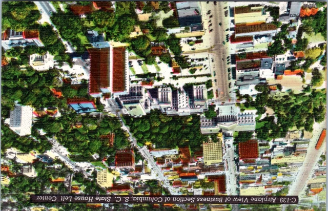 Postcard SC Columbia - Airplane View of Business Section - State House Left Cntr