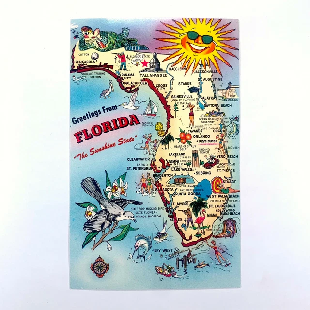 Map Cartoon Map FOR SALE PicClick - Postcard Florida FL Map Cartoon Landmarks 1960s Unposted.webp