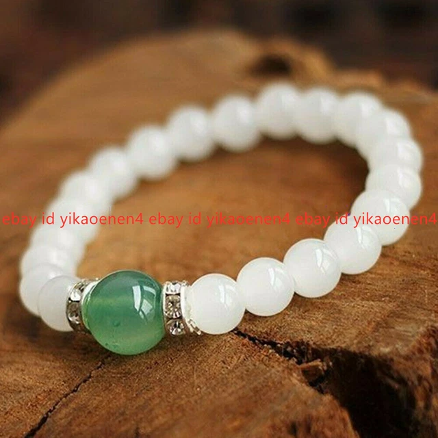Natural 8mm Round White Jade & 10mm Light Green Jade Stretch Bracelet 7.5'' AAA