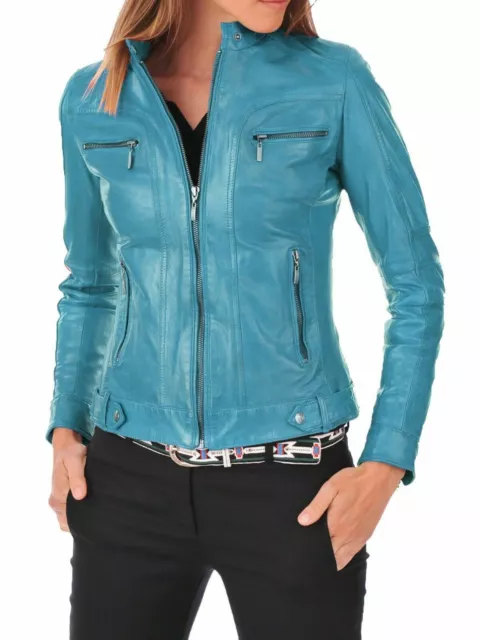 100% Real Genuine Leather Women’s Turquoise Blue Biker Jacket Motorcycle Coat