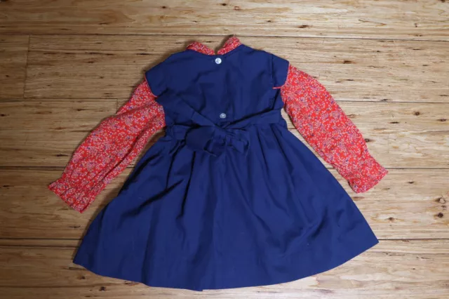 Robe d'école vintage smockée à la main EUC imprimée Calico bleue et rouge taille 4T 3