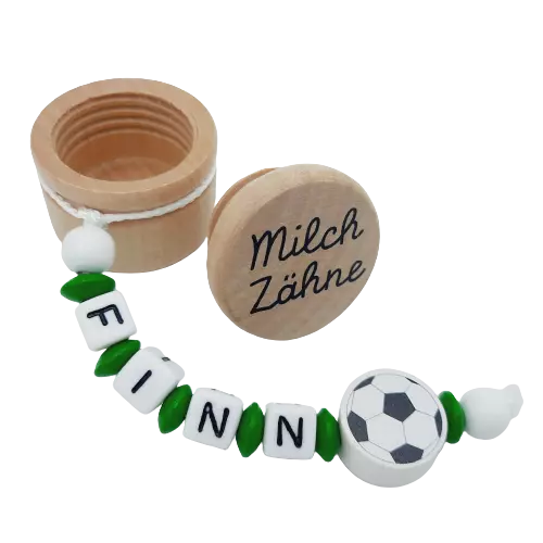 Milchzahndose mit Namen Geschenk Geburtstag Junge Mädchen Fußball grün weiß Holz