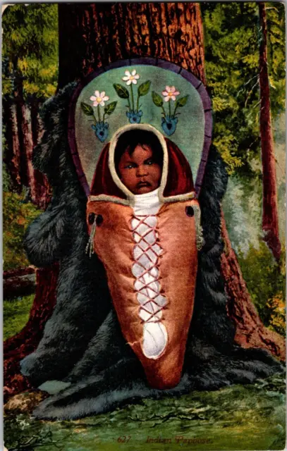 Vtg Postcard, Native American Indian Papoose Propped Up on Tree