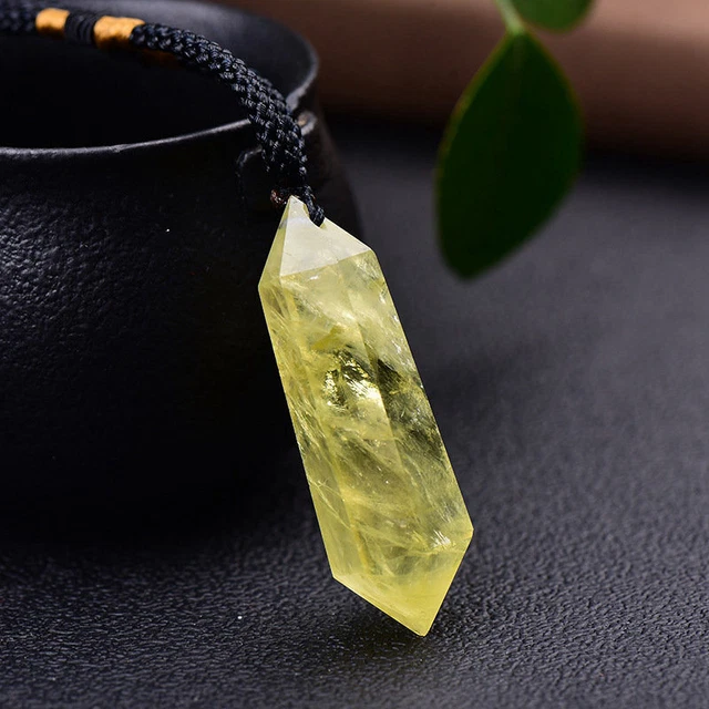 Natural Yellow Citrine Quartz Crystal Point Wand Pendant Healing Stone Necklace