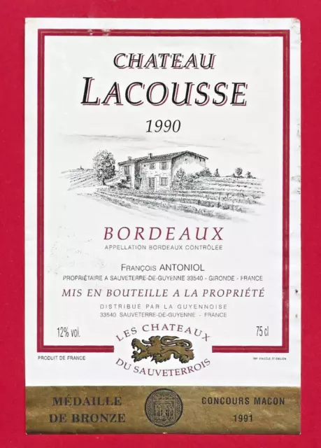 96 20 label BORDEAUX Château Lacousse 1990 François Antoniol Sauveterre