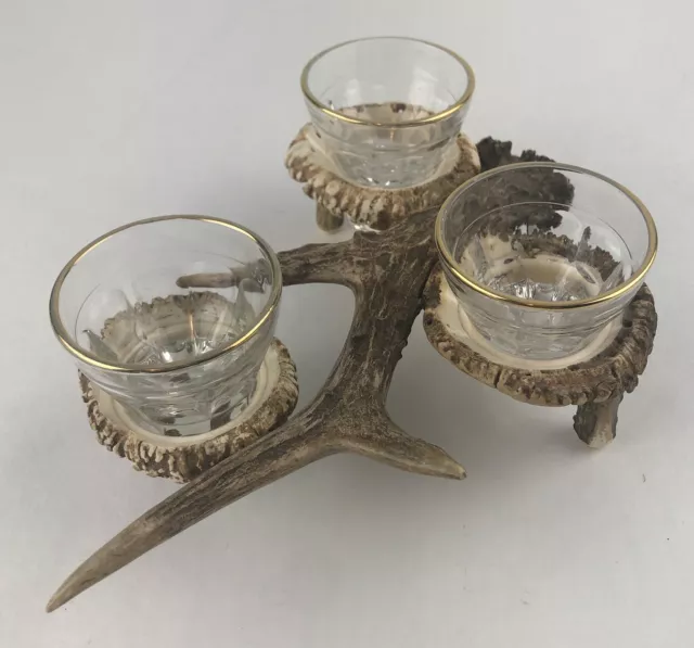 Vintage Resin Faux Antler Shot Glass Holder Rack Stand W/ 3 Glasses Hammer Sword