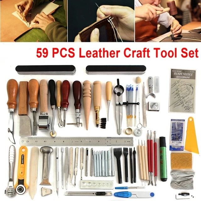 59 piezas Kit de trabajo de trabajo de costura artesanal de cuero costura manual tallado acero punzón juego
