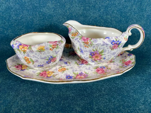 Royal Winton Eleanor Chintz Floral Mini Creamer and Open Sugar Set on Tray