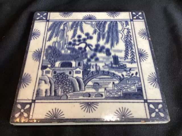Antique English Mintons China Works Blue & White Oriental Asian Porcelain Tile