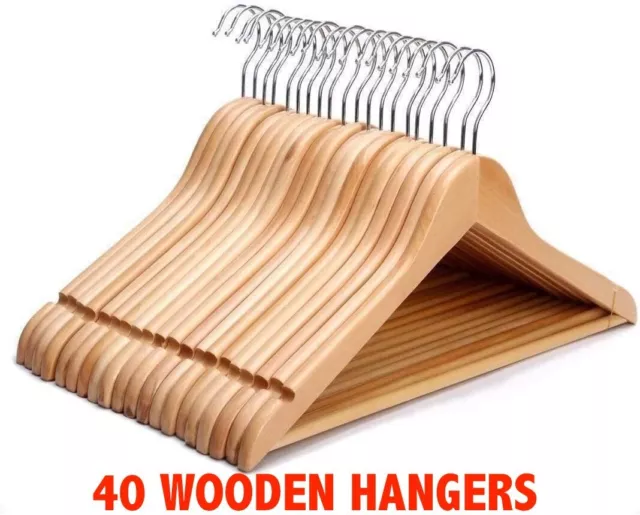 40 Wooden Coat Hangers Suit Garments Clothes Wood Hanger Trouser Bar Set