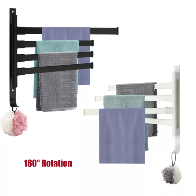 4-Arm Swivel Holder Wall Mounted Bathroom Rack Carbon 180° Towel Bar Rail Shelf!
