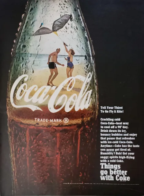1968 Coca-Cola Soda Couple Flying Kite Glass Bottle Print Ad