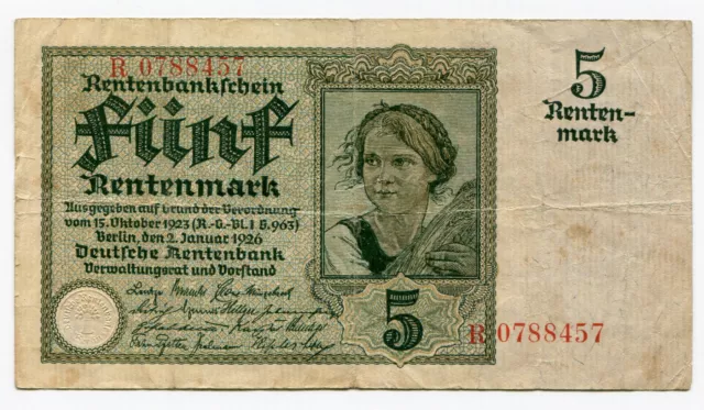 REICHSBANKNOTE - 5 Rentenmark - 1926 - KN-7stellig - SELTEN!!! - Deut.Rentenbank