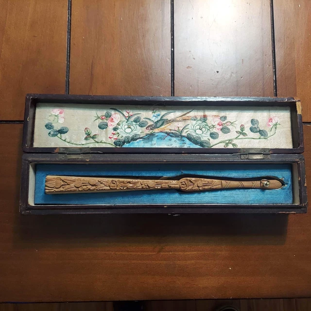 Antique Chinese embroidered silk fan with lacquer case