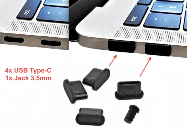4x USB Type-C + 1x Jack 3.5mm Dust Plug Set Black Silicone for MacBook Pro 2021