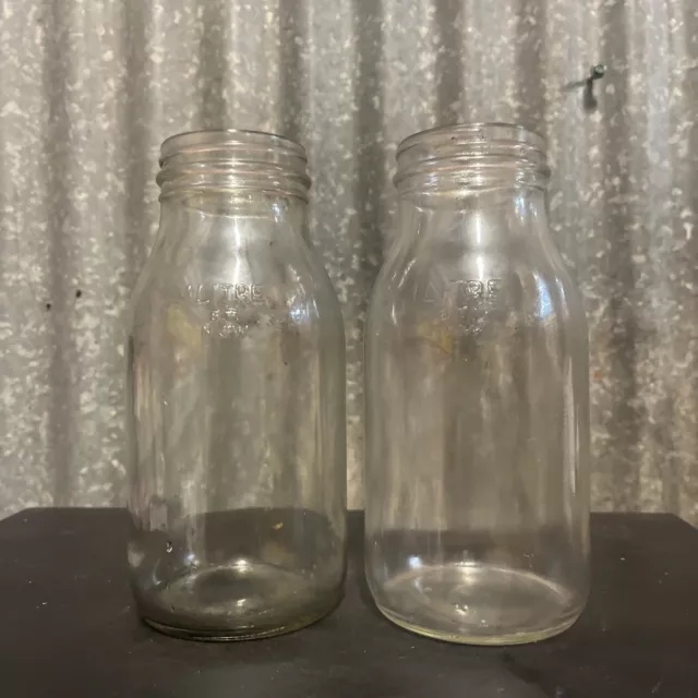 Set Of 2 X Genuine Vintage 1 Litre Glass Motor Oil Bottles