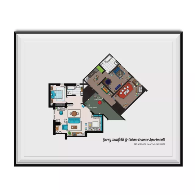 Jerry Seinfeld And Cosmo Kramer Apartments Floor Plan Poster TV Show 90s Gift