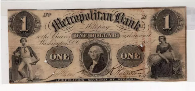 1854 $1 Metropolitan Bank, Washington, DC, Nice Vignettes