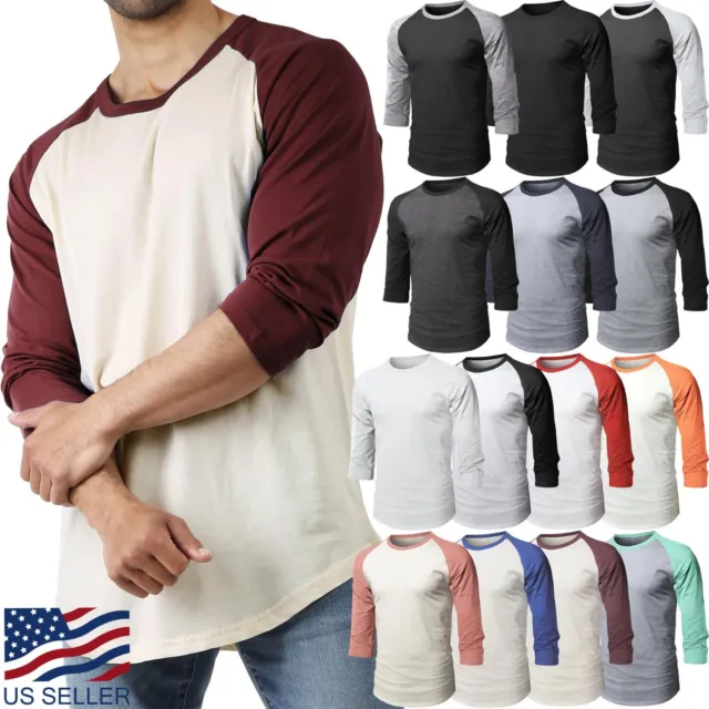 Mens Soft Cotton Raglan 3/4 Sleeve T Shirt Baseball Tee Active Casual Team