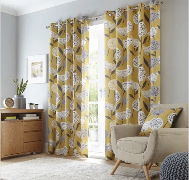 DUNELM ELEMENTS EMMOTT Ochre Eyelet Pair Of Curtains Size 66x72” Drop £