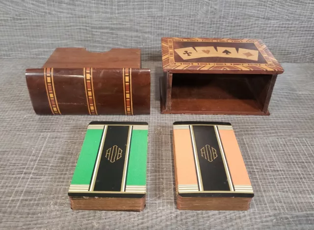 Juegos de 2 mazos vintage de cartas con monograma AOB con caja de libros de madera fina