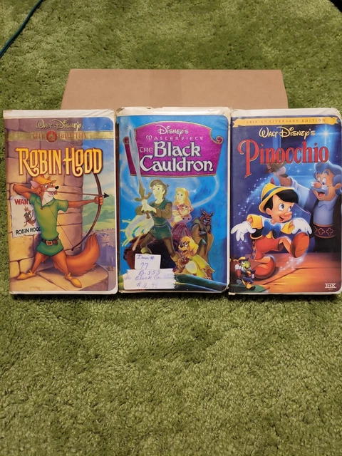Walt Disney 3 Movie Lot Robin Hood The Black Cauldron Pinocchio VHS
