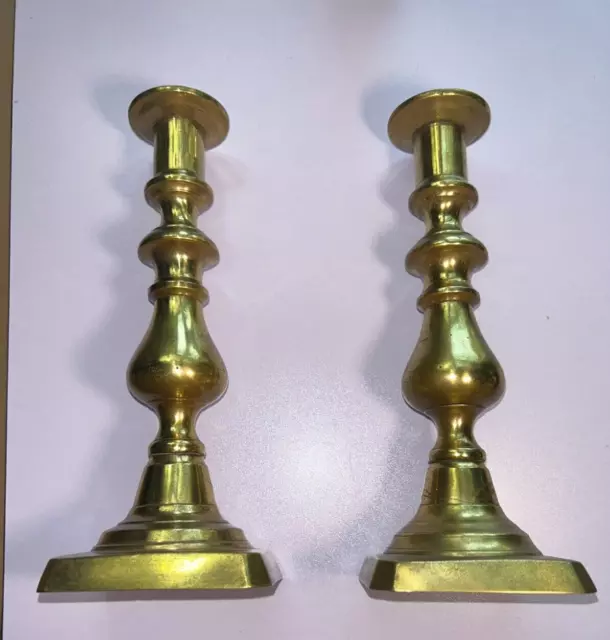 Pair of Mid 19th Century Antique Country Solid Brass Push Up 9" Candlesticks