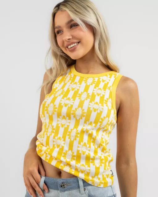 Billabong Women's Little Sunflower Smiles Tank Top Tee T-Shirt in Yellow