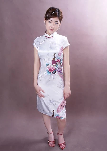 Robe Chinoise Qi-Pao Satin Bleue à Motifs Lotus - Style Ethnique Avec Fente Et Boutons - Taille Au Choix